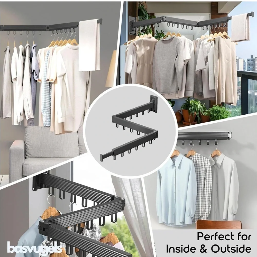 Clothes Hanger Drying Rack Wall Mounted Space Saver Closet Tri-Fold Dark Gray
